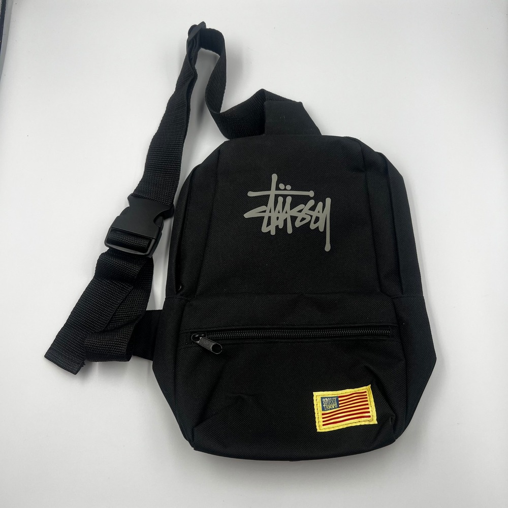 Stussy Troops Sling Bag Black Canvas Crossbody Streetwear American Flag Patch